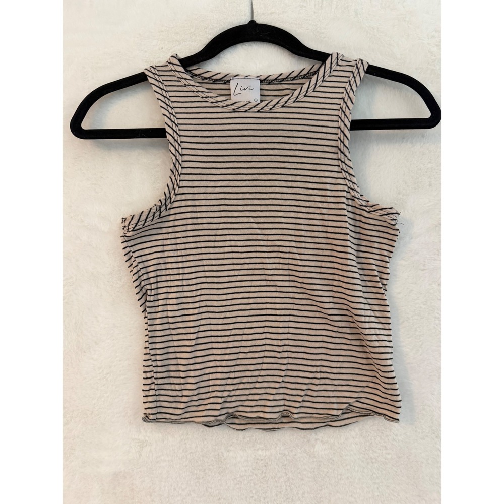 Livi by Olivia Rae Tank Top Womens Small Tan Black Striped Ribbed Lettuce Hem S